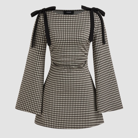 Cider Dresses & Skirts - Cider Gingham Check Mini Dress Black White Bow Shoulder Bell Sleeve Size M NWT